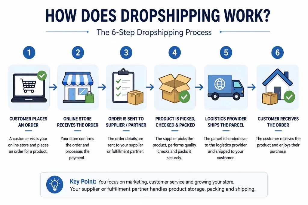 How dropshipping works: a 6-step process from the customer placing an order, through the store, supplier, packing, shipping, and delivery.