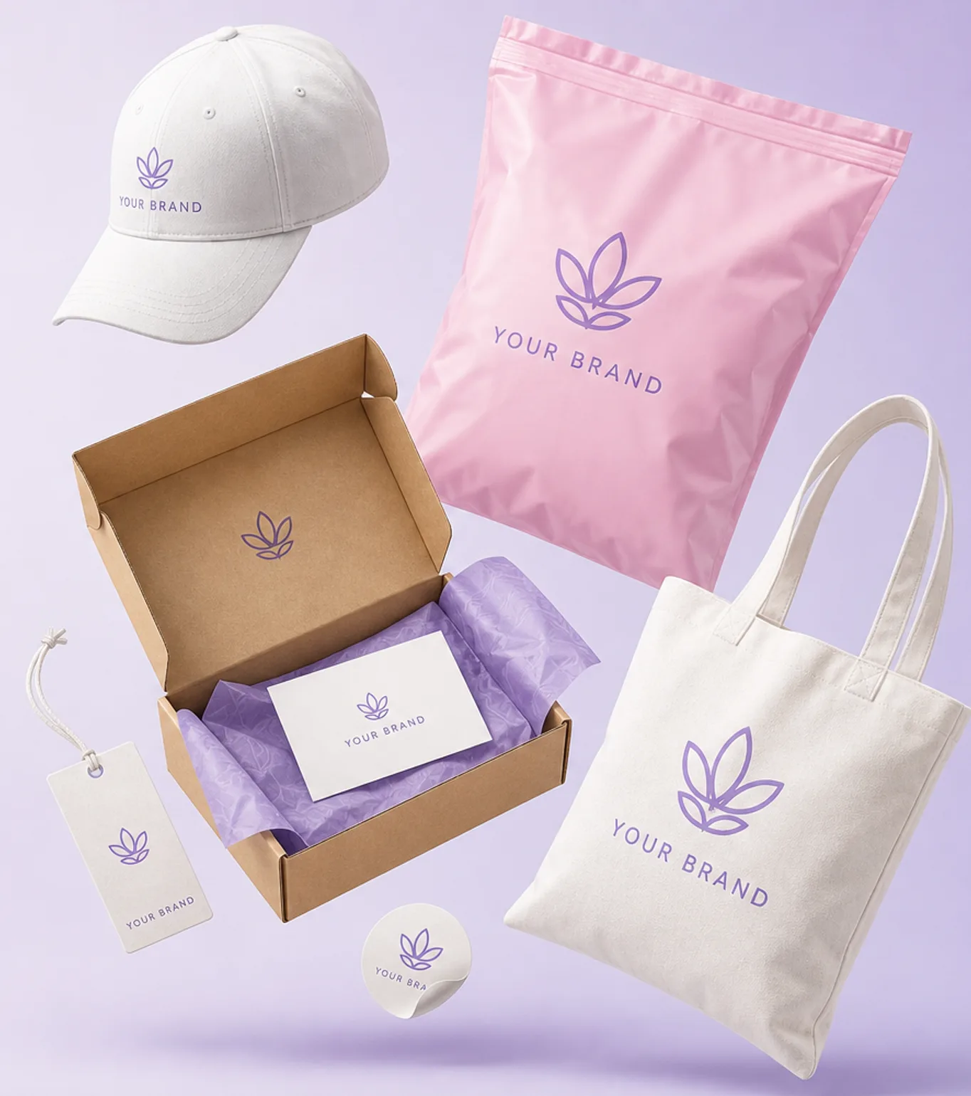 Tilpassede merkevareprodukter og emballasjemockup — caps, fraktpåse, gaveeske, totebag, hangtag og produktetiketter for netthandelsselgere