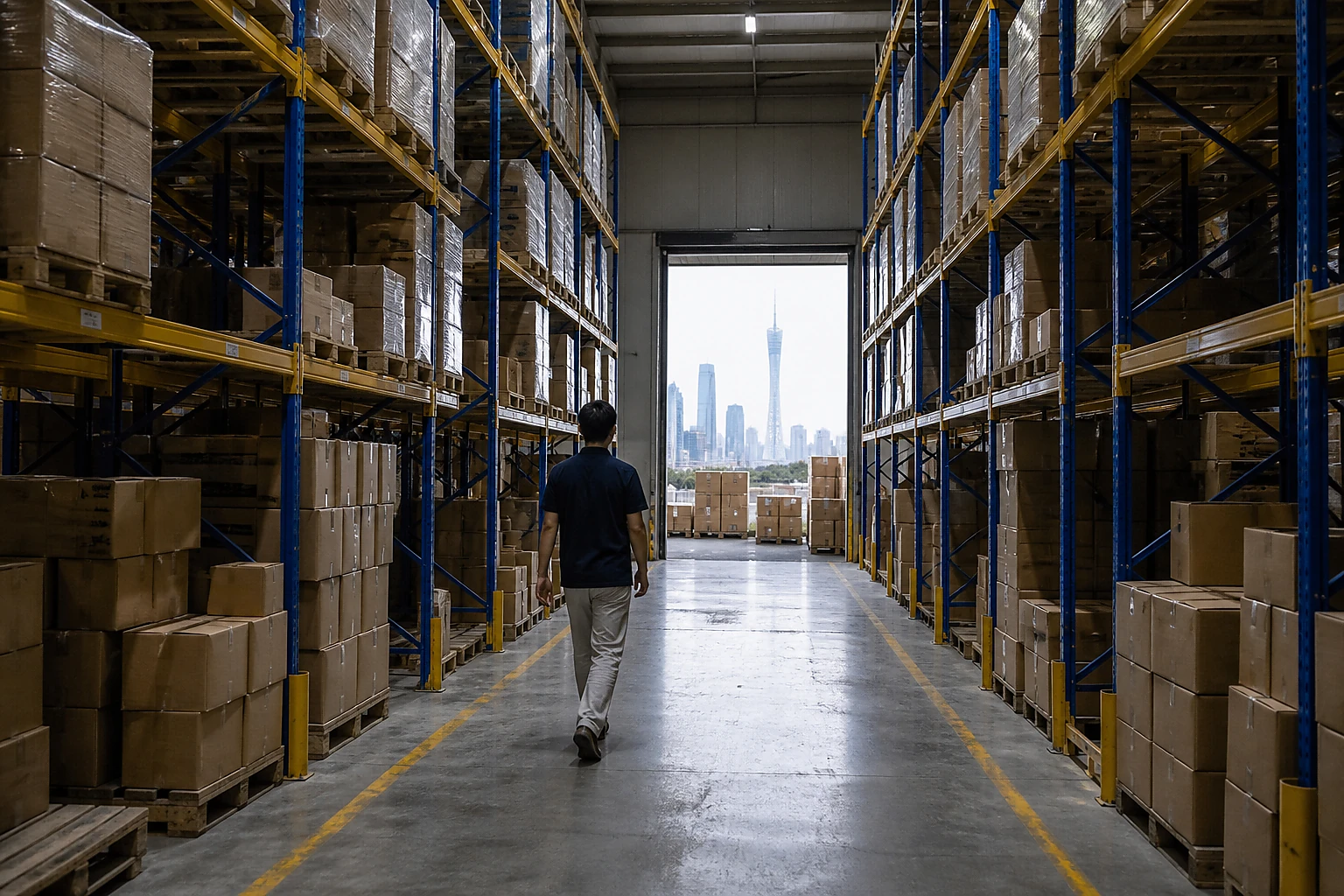 Corridoi di scaffalature nel magazzino ETdropship a Guangzhou