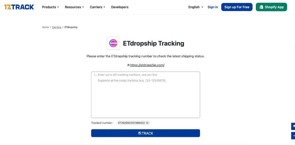 Page de suivi transporteur ETdropship sur 17TRACK