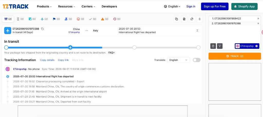 Détail de suivi ETdropship sur 17TRACK avec barre de progression