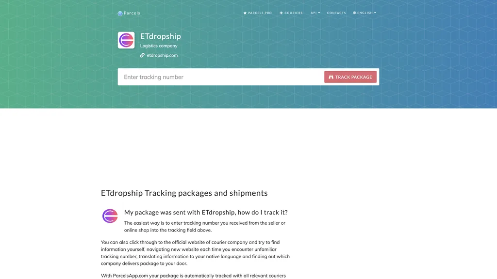 ParcelsApp ETdropship carrier tracking page screenshot